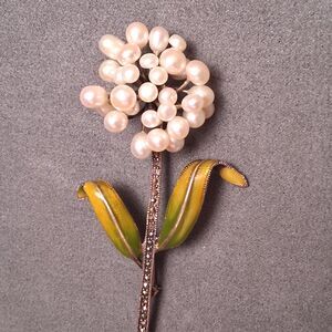 Vintage Sterling Pearl Brooch Large Enamel Flower